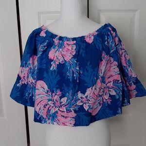 Lilly Pulitzer Blue Ruffled Flutter Sleeve Crop Top
